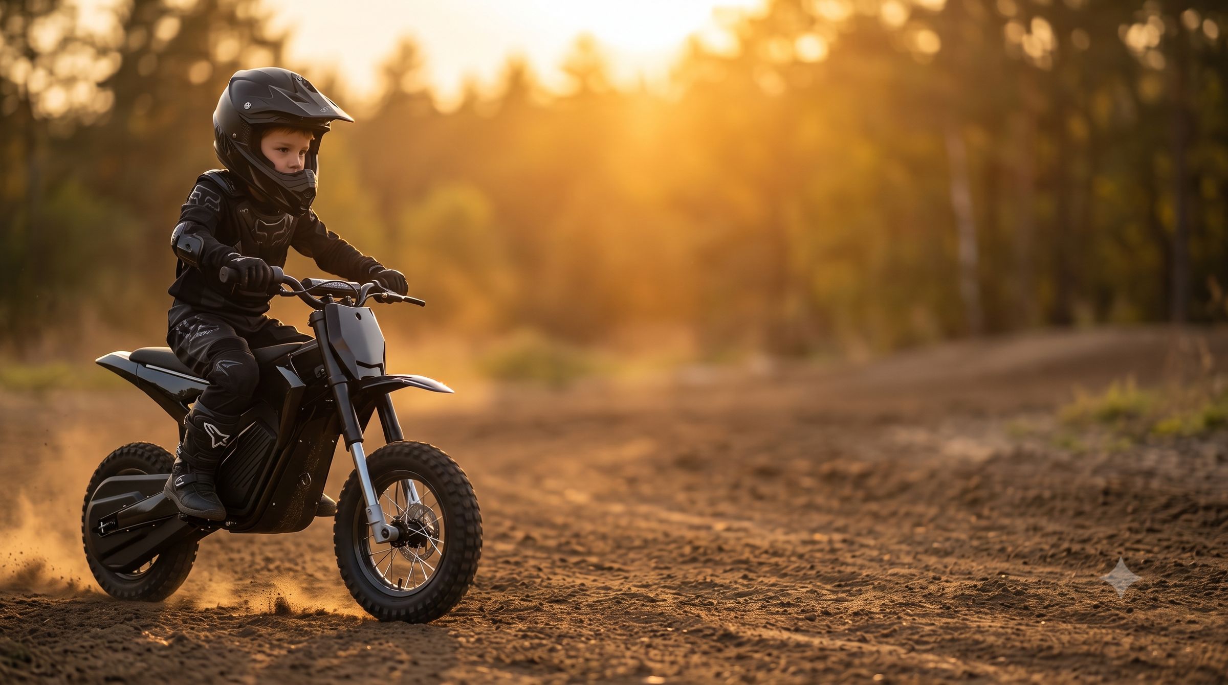 A child riding a small electric kids dirt bike on a forest trail at sunset